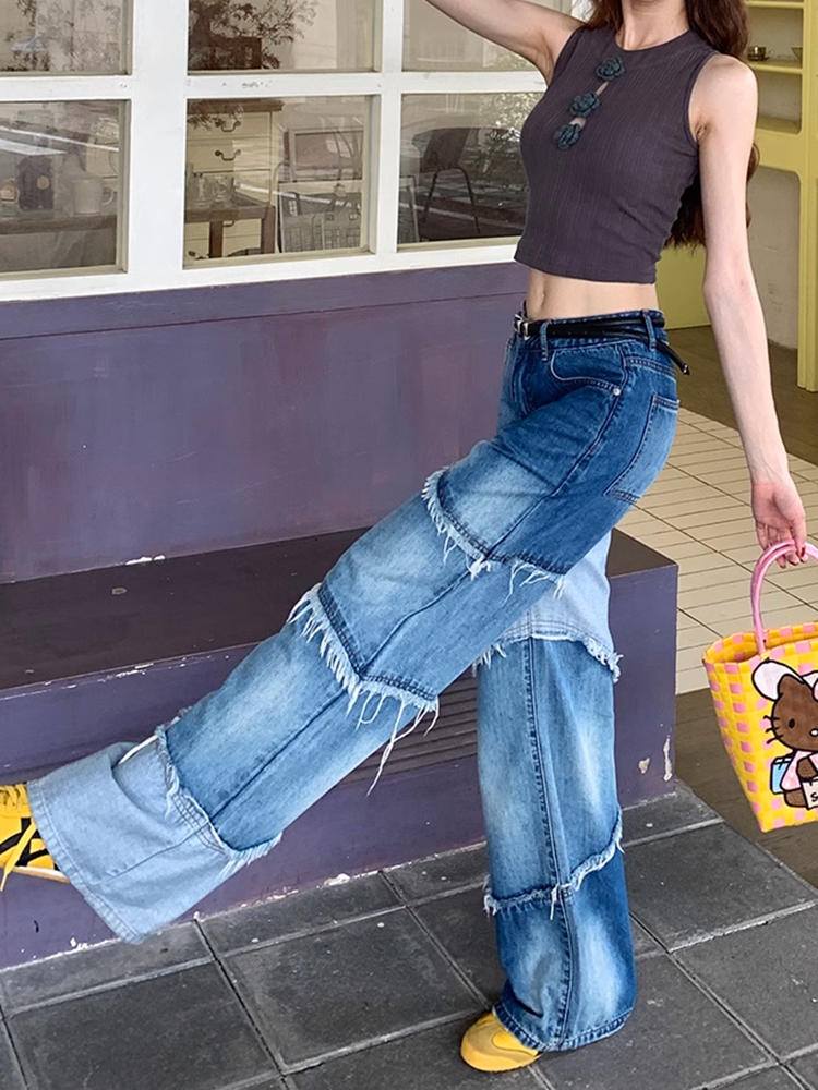 カラーブロックダメージデニムパンツ