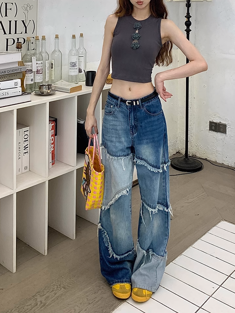 カラーブロックダメージデニムパンツ