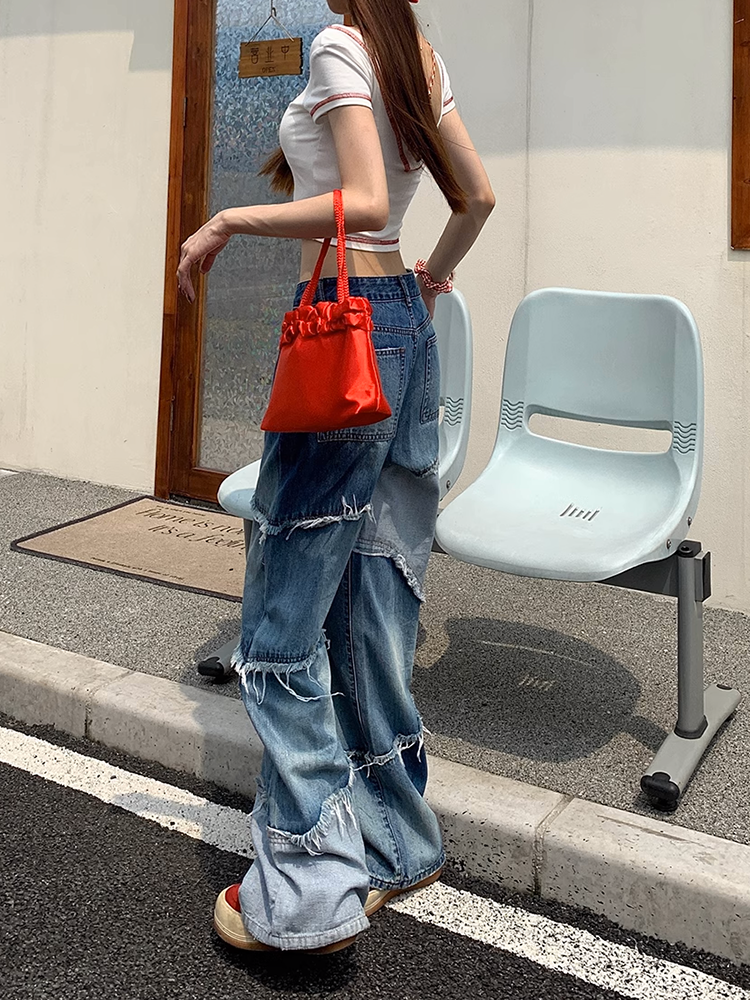 カラーブロックダメージデニムパンツ