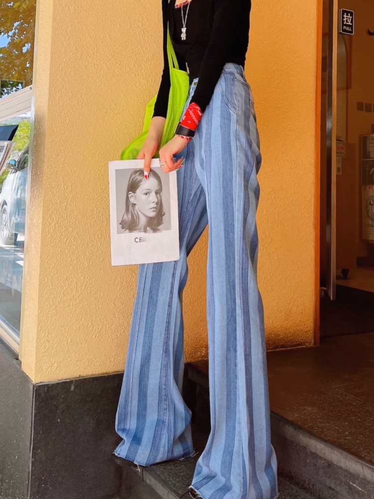 ストライプストレートスリムジーンズ