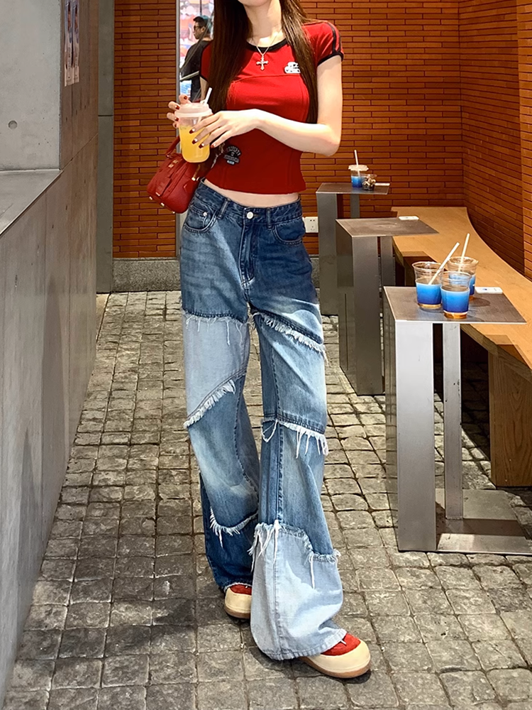 カラーブロックダメージデニムパンツ
