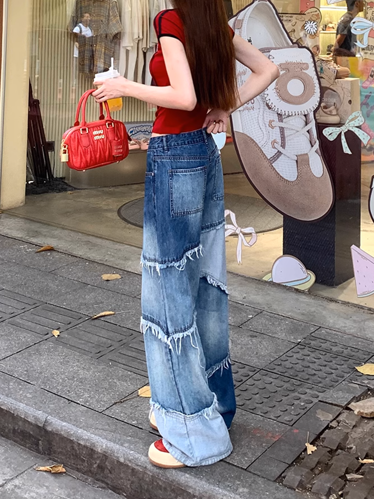 カラーブロックダメージデニムパンツ