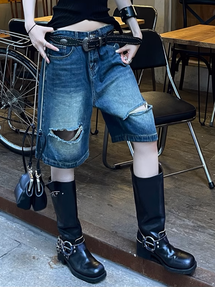ウォッシュドダメージハーフデニムパンツ