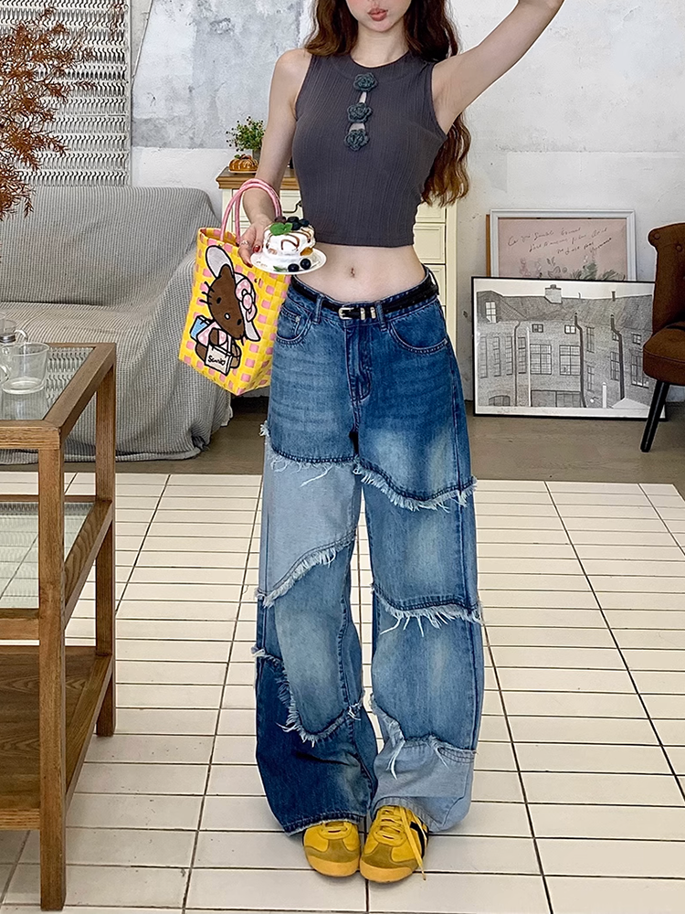 カラーブロックダメージデニムパンツ