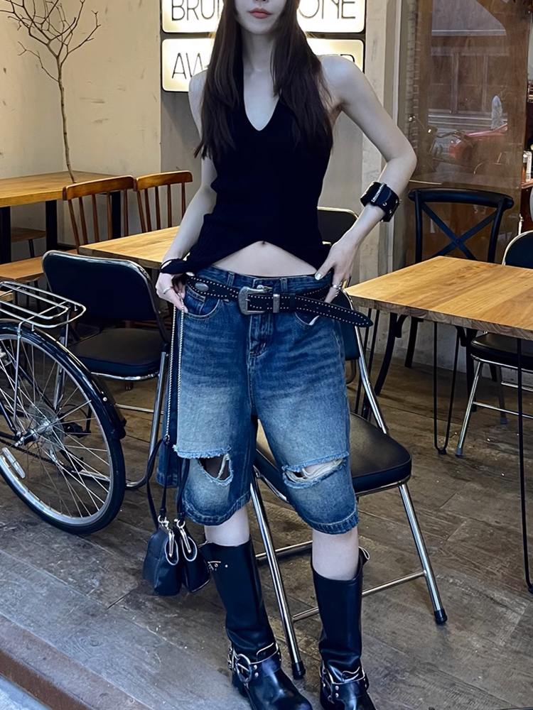 ウォッシュドダメージハーフデニムパンツ