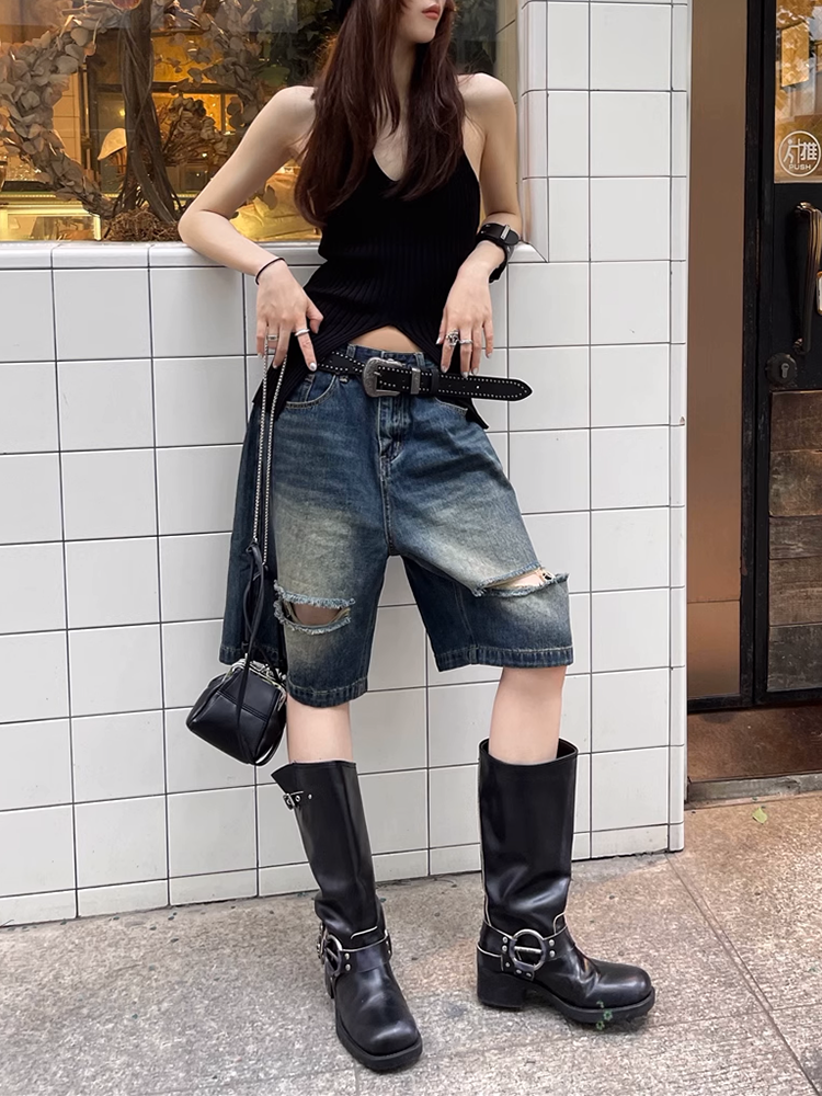 ウォッシュドダメージハーフデニムパンツ