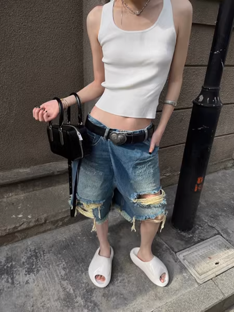 リップドデニムハーフパンツ