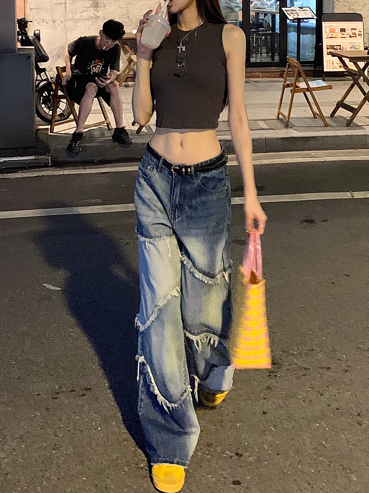 カラーブロックダメージデニムパンツ