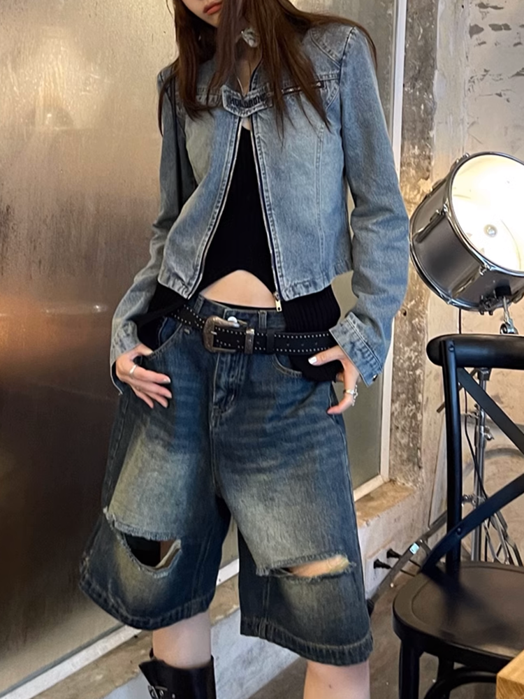 ウォッシュドダメージハーフデニムパンツ