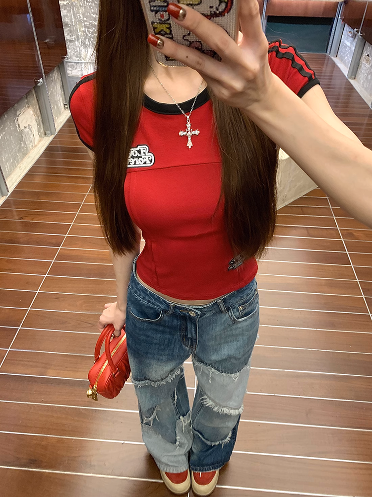 カラーブロックダメージデニムパンツ