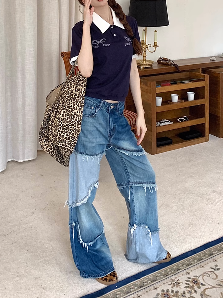 カラーブロックダメージデニムパンツ