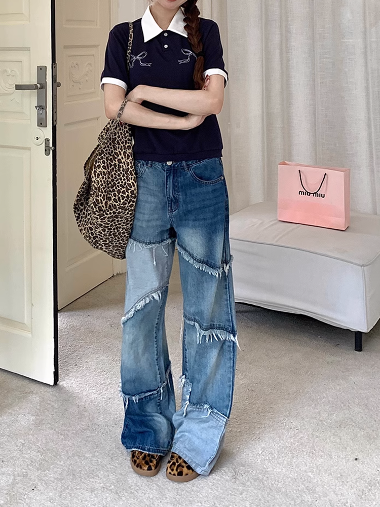カラーブロックダメージデニムパンツ