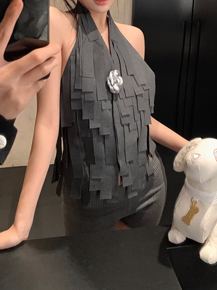 バックレススタイルリボンフリンジベスト