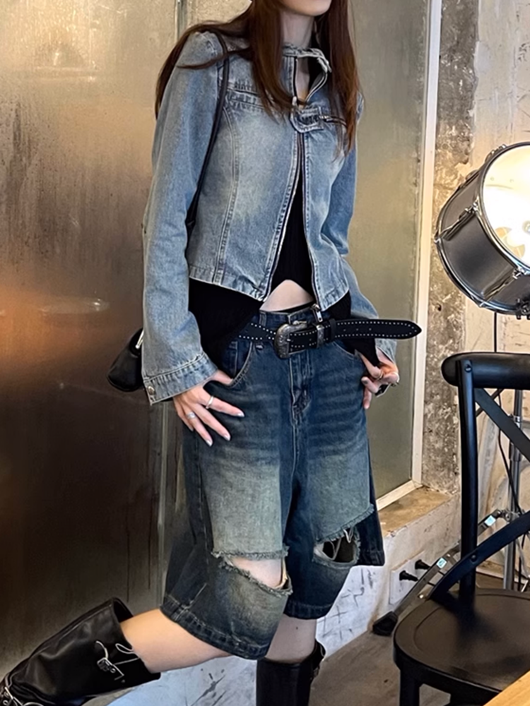 ウォッシュドダメージハーフデニムパンツ
