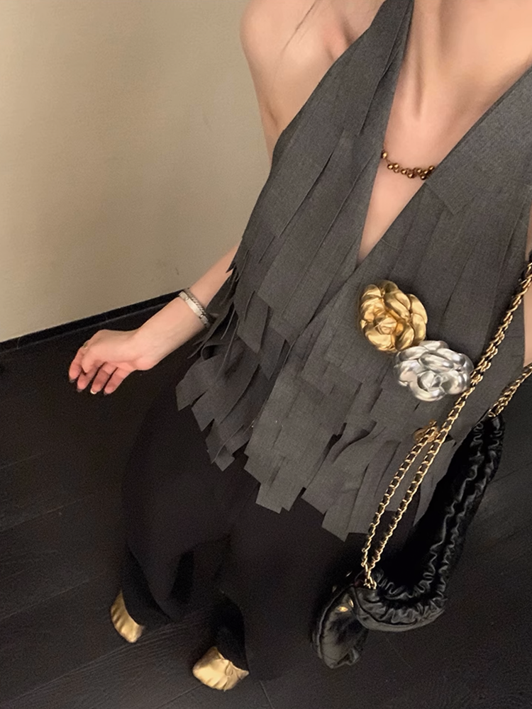 バックレススタイルリボンフリンジベスト