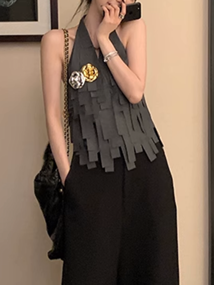 バックレススタイルリボンフリンジベスト
