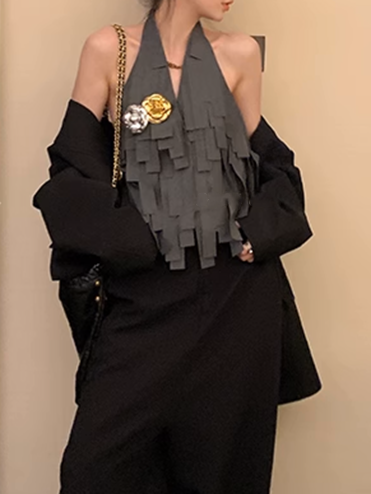 バックレススタイルリボンフリンジベスト