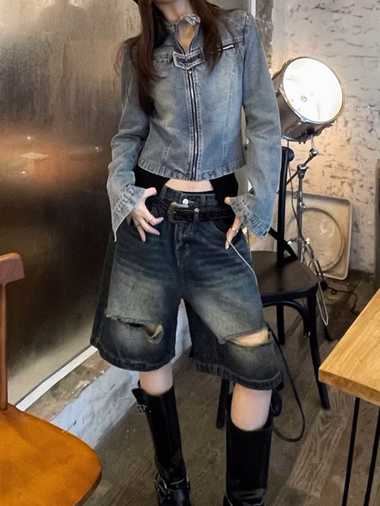 ウォッシュドダメージハーフデニムパンツ