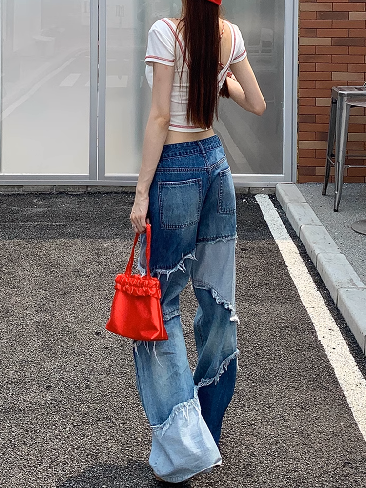 カラーブロックダメージデニムパンツ