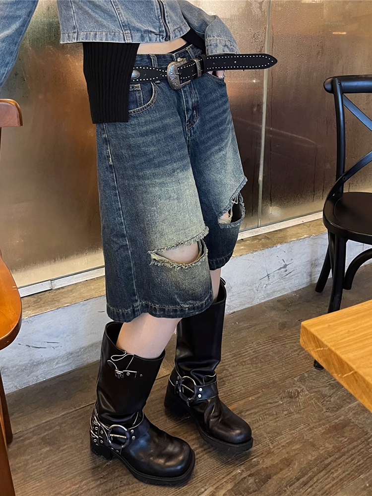 ウォッシュドダメージハーフデニムパンツ