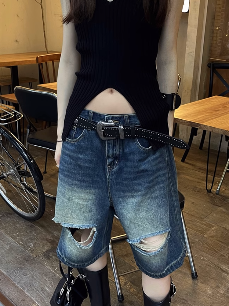 ウォッシュドダメージハーフデニムパンツ