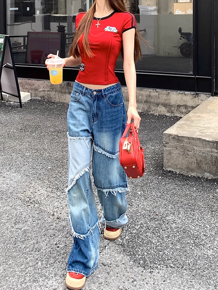 カラーブロックダメージデニムパンツ