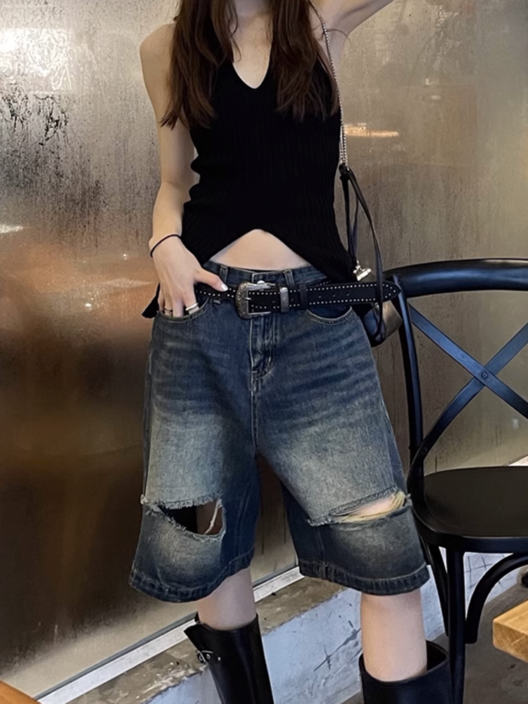 ウォッシュドダメージハーフデニムパンツ