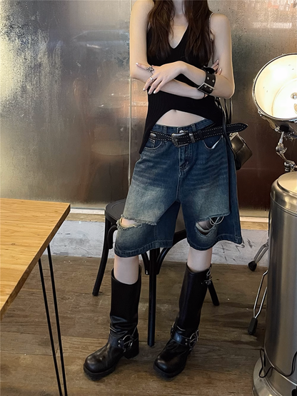 ウォッシュドダメージハーフデニムパンツ