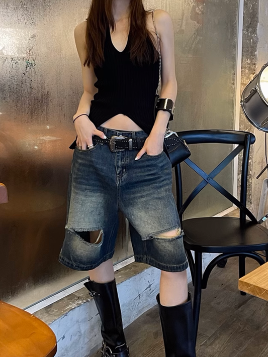 ウォッシュドダメージハーフデニムパンツ