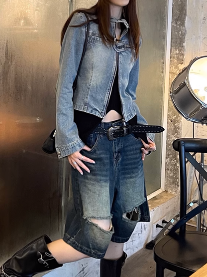 ウォッシュドダメージハーフデニムパンツ