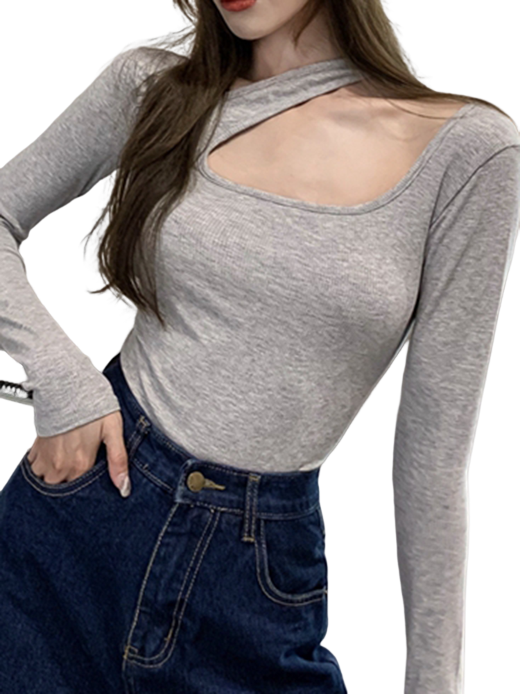 "TMSstudios" ストレッチ カットアウト トップス ブラウス アシメ